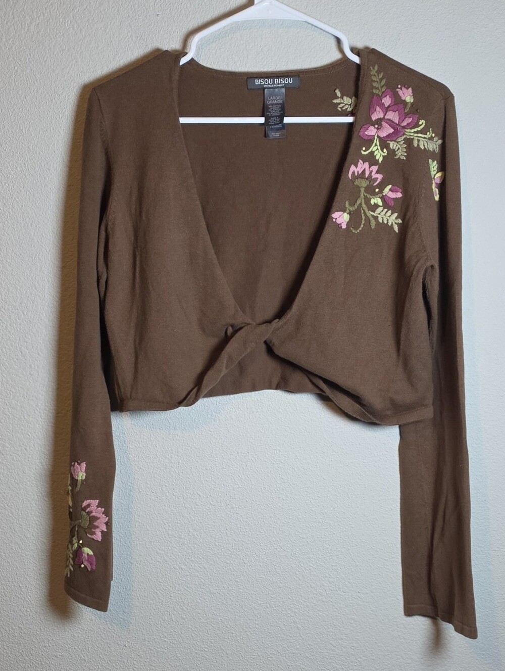 Bisou Bisou Y2K Floral Embroidered Twist Front Crop Cardigan Chocolate Brown L